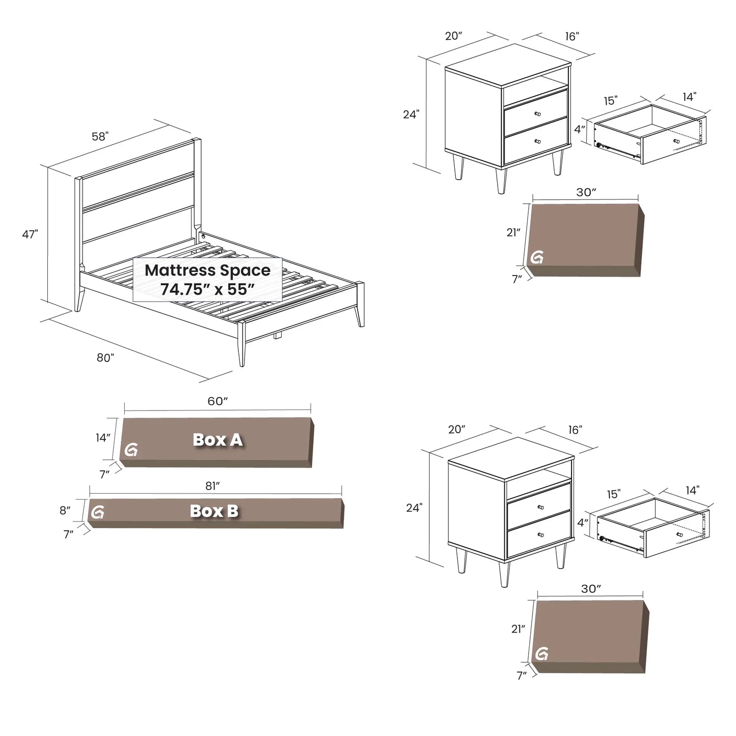 Mid Century Queen Bedroom Set | Brushed White (3-Piece)