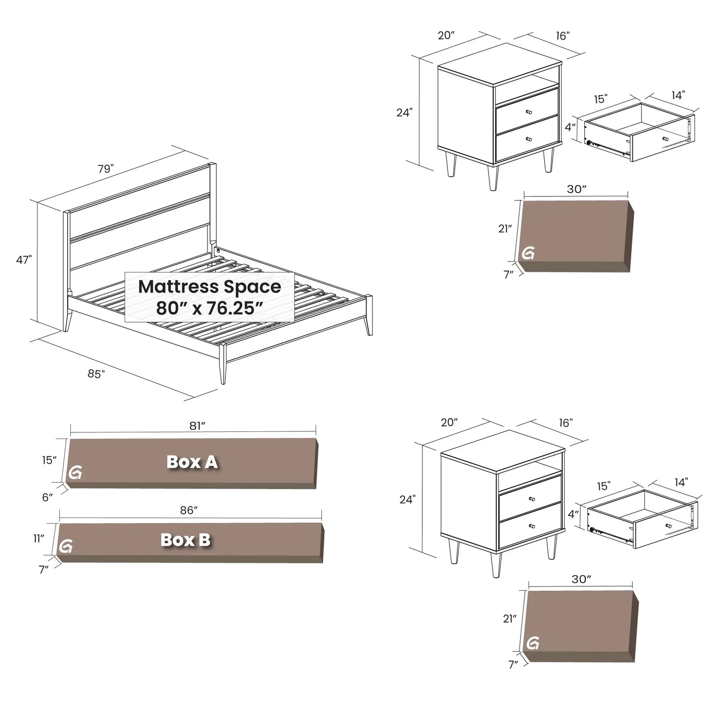 Mid Century Queen Bedroom Set | Brushed White (3-Piece)