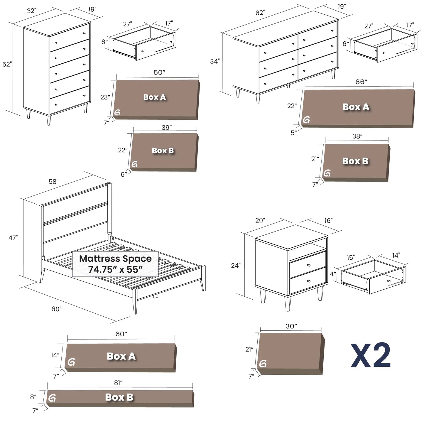 Mid Century Bedroom Set | Brushed Walnut (5-Piece)