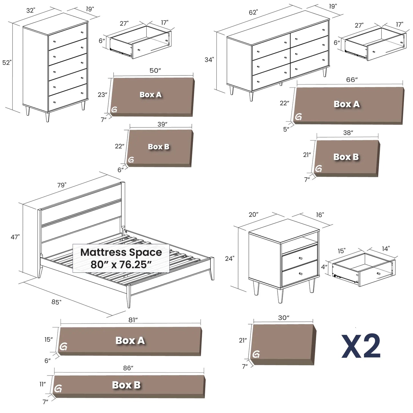 Mid Century Bedroom Set | Brushed Walnut (5-Piece)