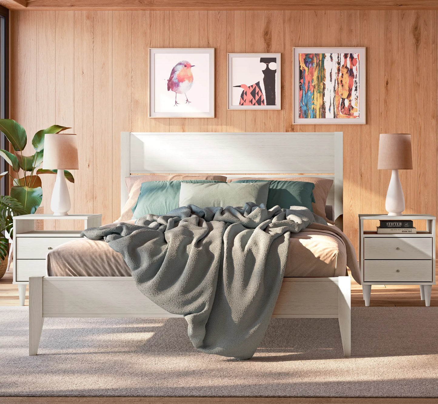 Mid Century Queen Bedroom Set | Brushed White (3-Piece)
