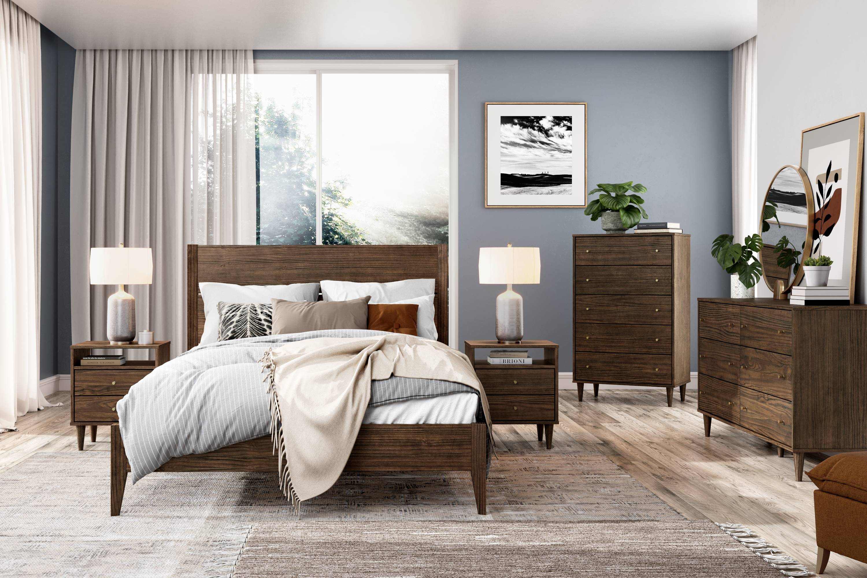 Mid Century Bedroom Set (5-Piece) Brushed Natural / King
