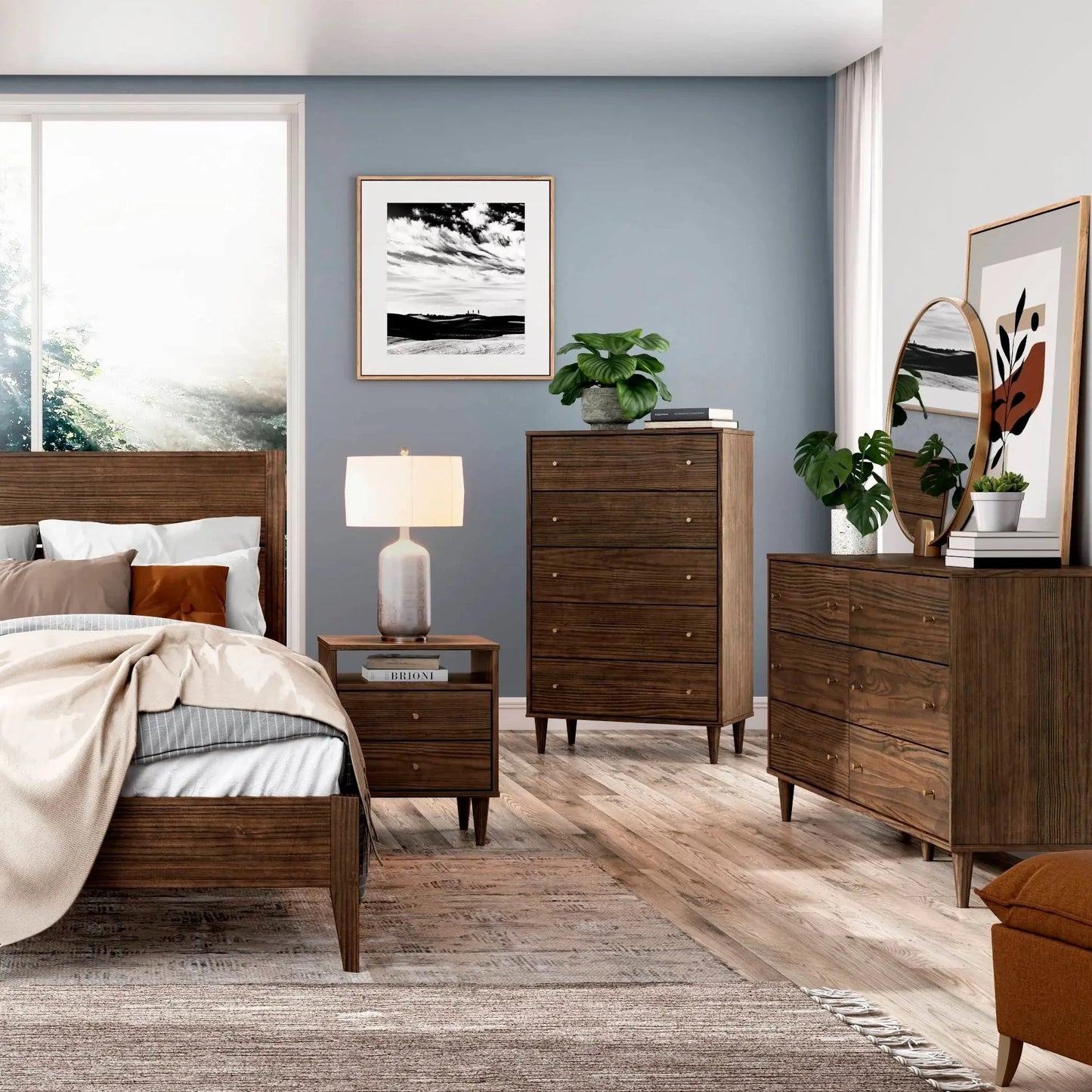 Mid Century Bedroom Set | Brushed Walnut (5-Piece)