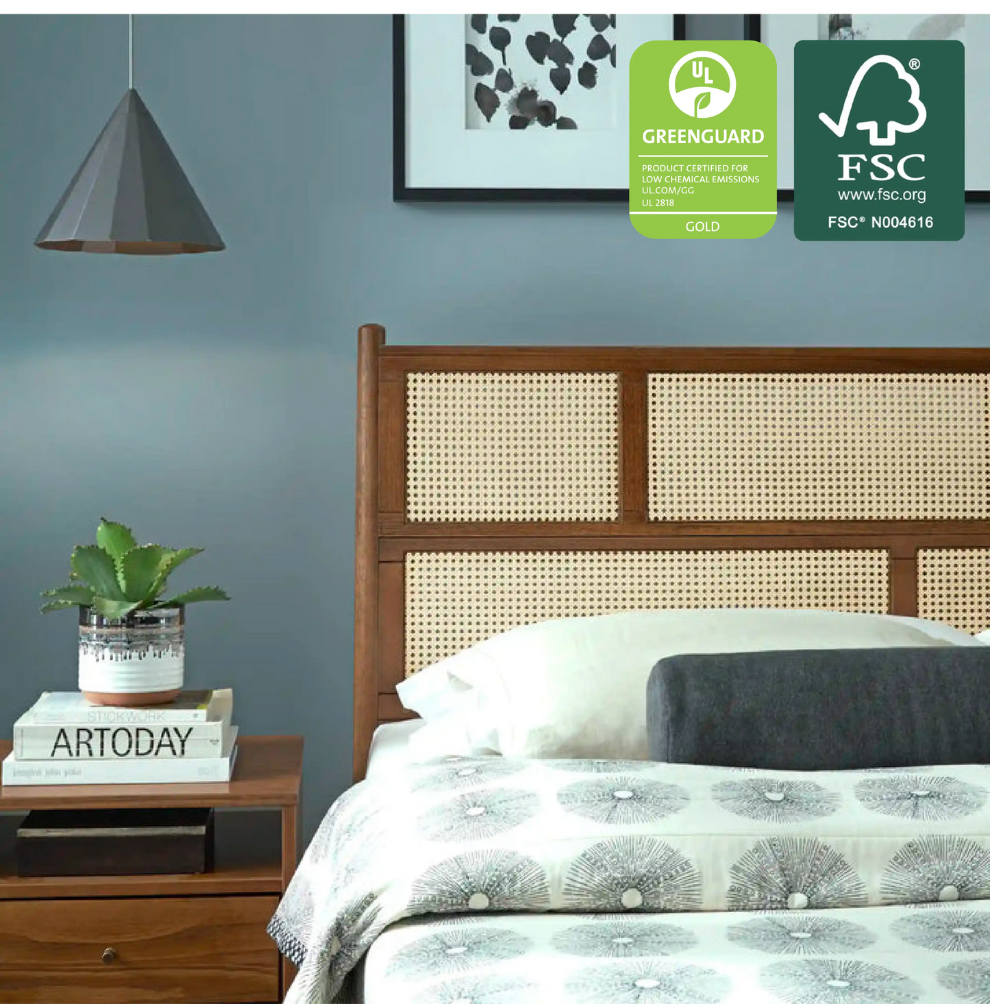 Mid Century Cane Bed in Brushed Walnut, FSC and GREENGUARD Gold certified