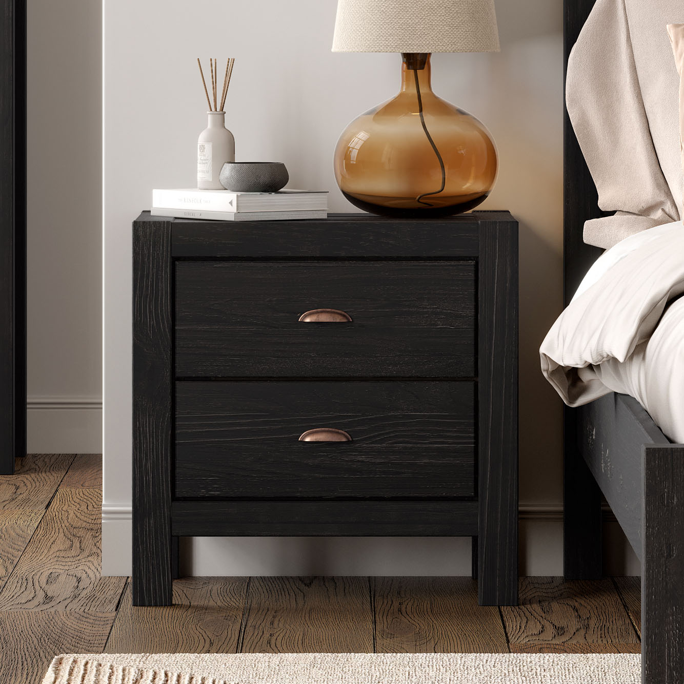 montauk two drawer nightstand in farmhouse black - solid wood