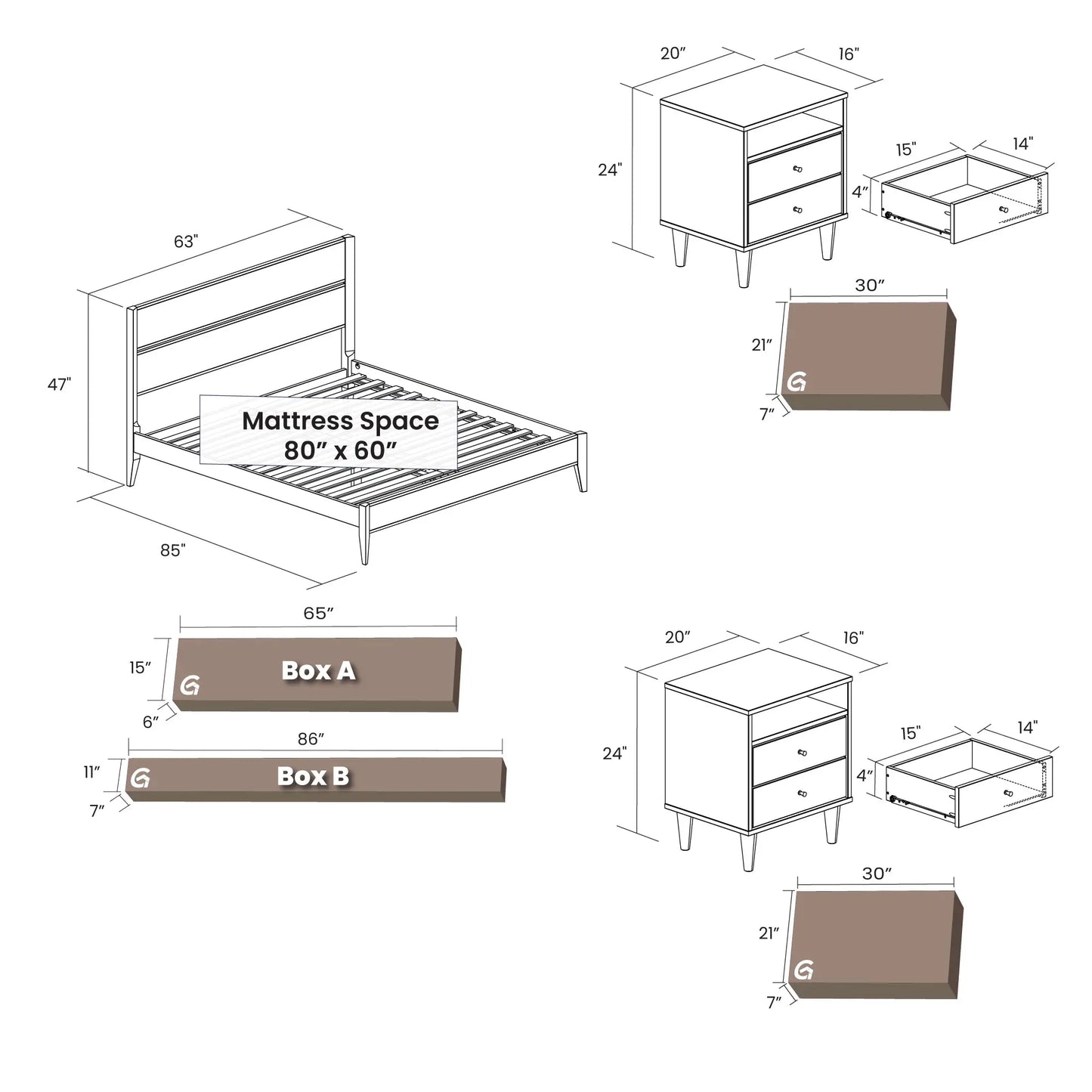 Mid Century Queen Bedroom Set | Brushed White (3-Piece)