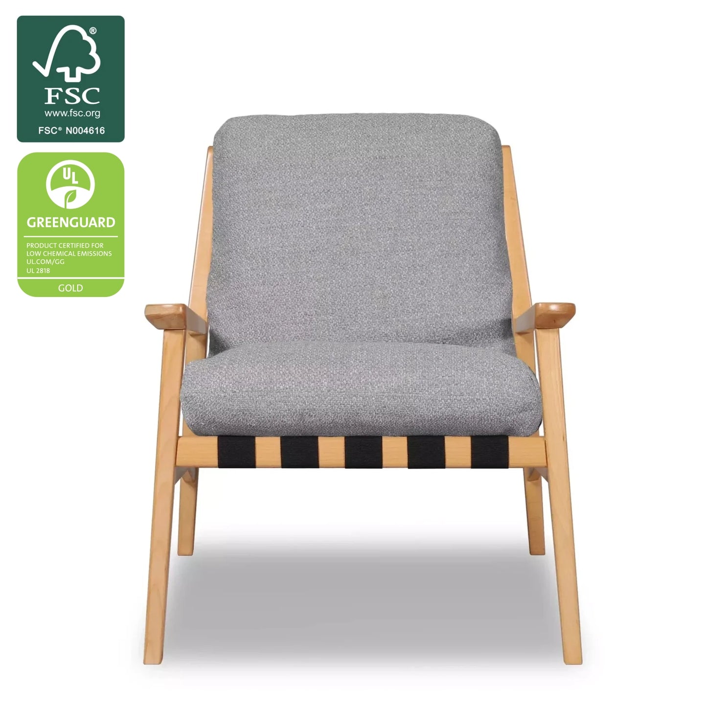Mid Century Lounge Chair in Stone Gray with Beechwood frame, FSC and GREENGUARD Gold certified