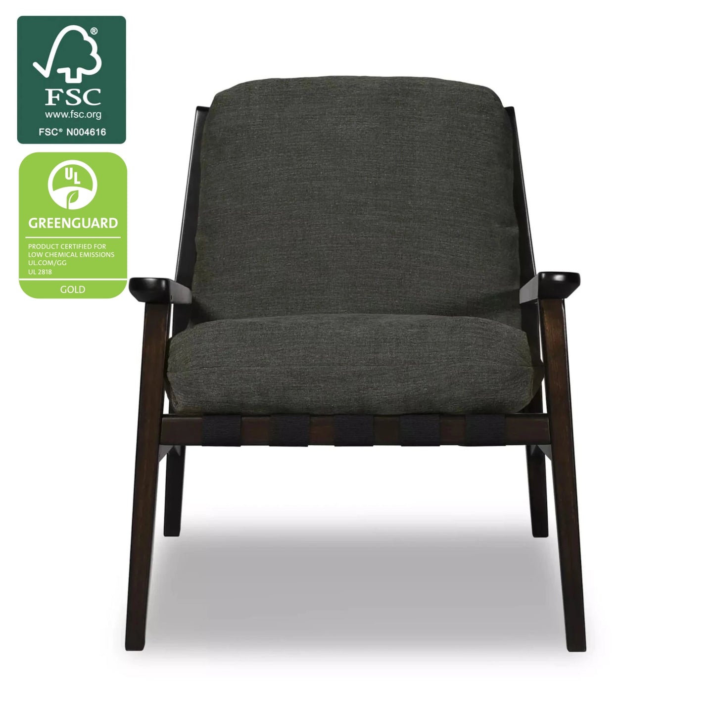 Mid Century Lounge Chair in Moss Green with Charcoal frame, FSC and GREENGUARD Gold certified