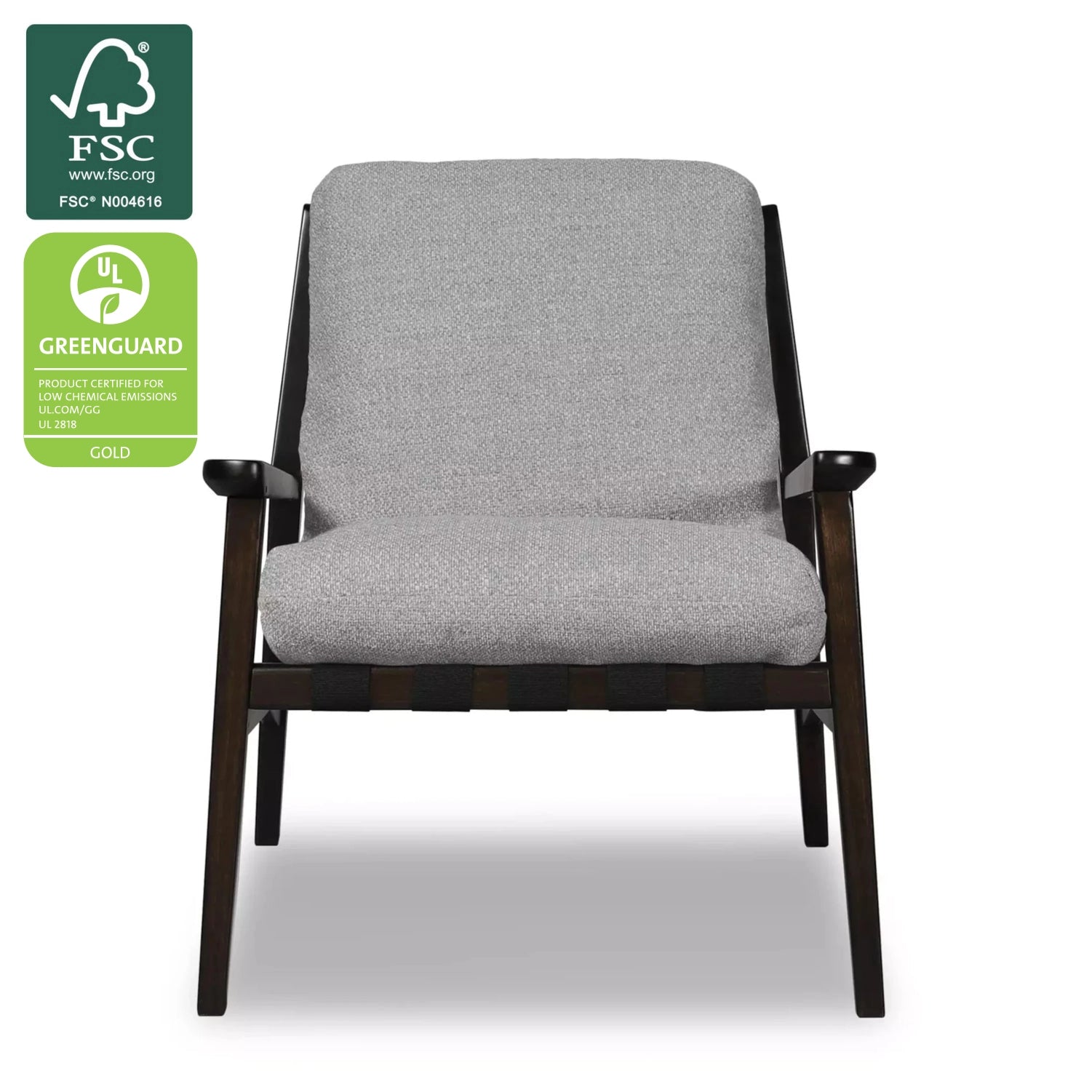 Mid Century Lounge Chair in Stone Gray with Charcoal frame, FSC and GREENGUARD Gold certified