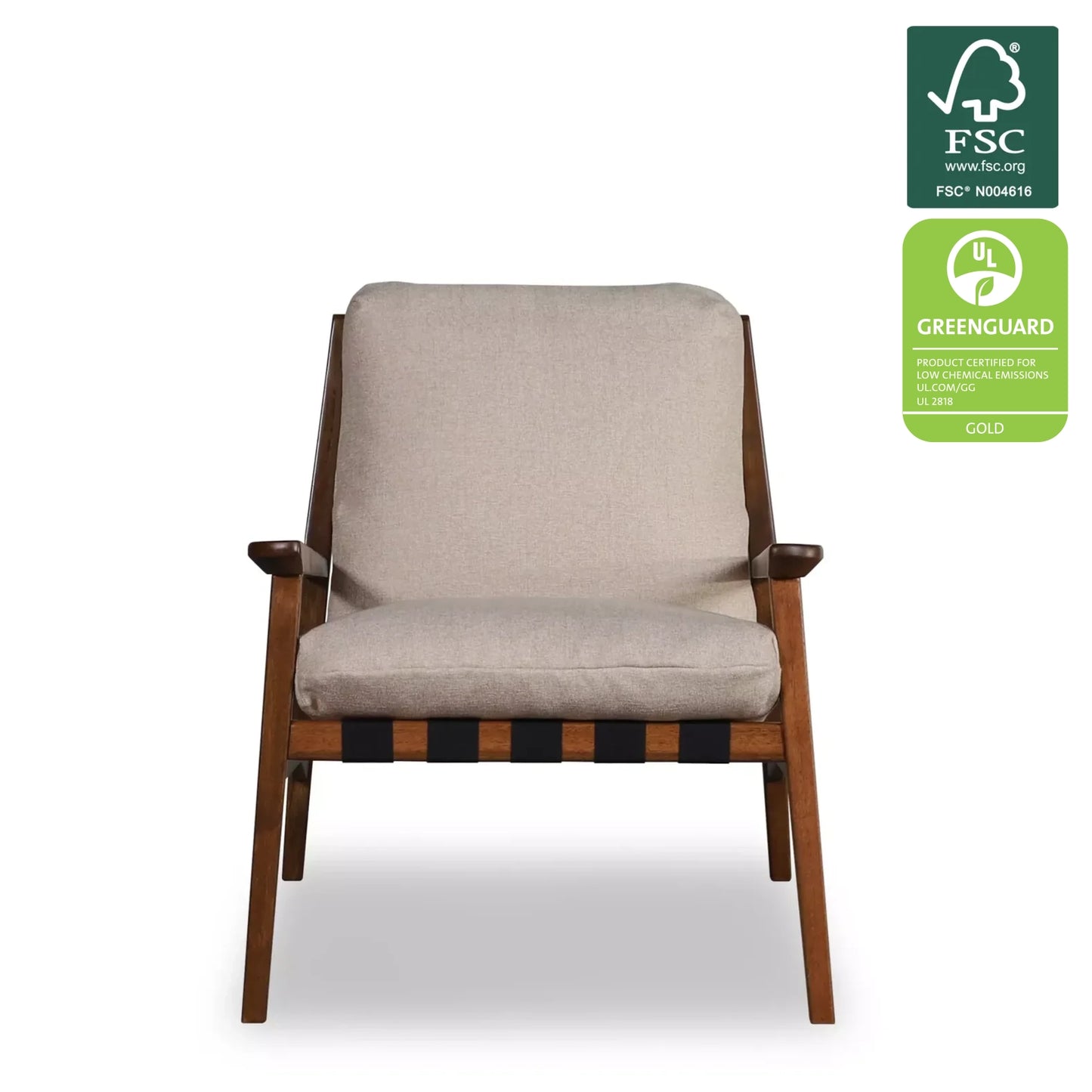 Mid Century Lounge Chair in Beige with Brushed Walnut frame, FSC and GREENGUARD Gold certified
