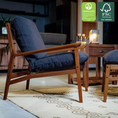 Mid Century Lounge Chair in Indigo Blue with Brushed Walnut frame, FSC and GREENGUARD Gold certified