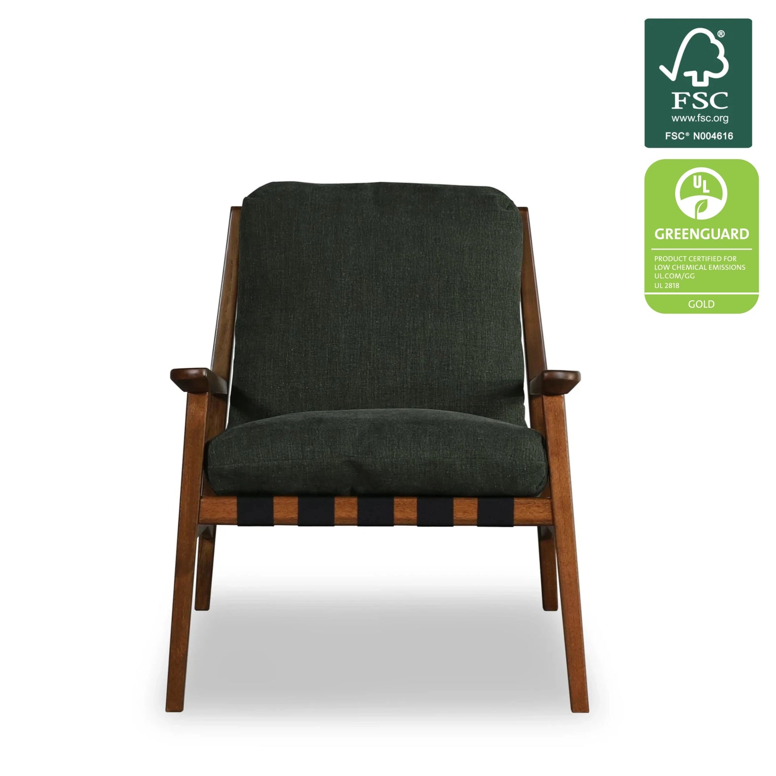 Mid Century Lounge Chair in Moss Green with Brushed Walnut frame, FSC and GREENGUARD Gold certified