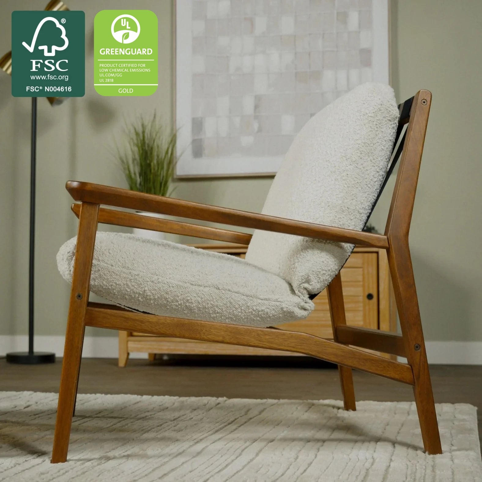 Mid Century Lounge Chair in Tapioca Premium Boucle with Brushed Walnut frame, FSC and GREENGUARD Gold certified