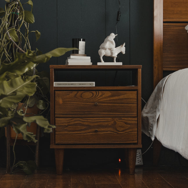 Mid Century Solid Wood Two-Drawer Nightstand Brushed Walnut Mid Century Solid Wood Two-Drawer Nightstand Brushed Walnut