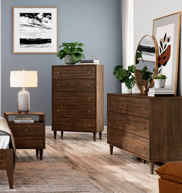 Mid Century Solid Wood Spindle Bedroom Set (5-Piece) Brushed Walnut / Queen Mid Century Solid Wood Spindle Bedroom Set (5-Piece) Brushed Walnut / Queen