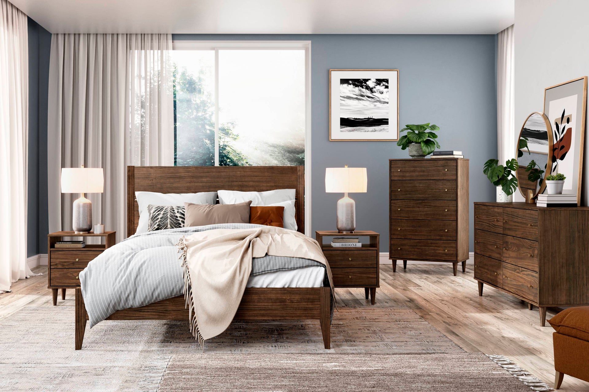 Mid Century Bedroom Set (5-Piece) - Brushed Walnut / Queen, image size:1920x1280