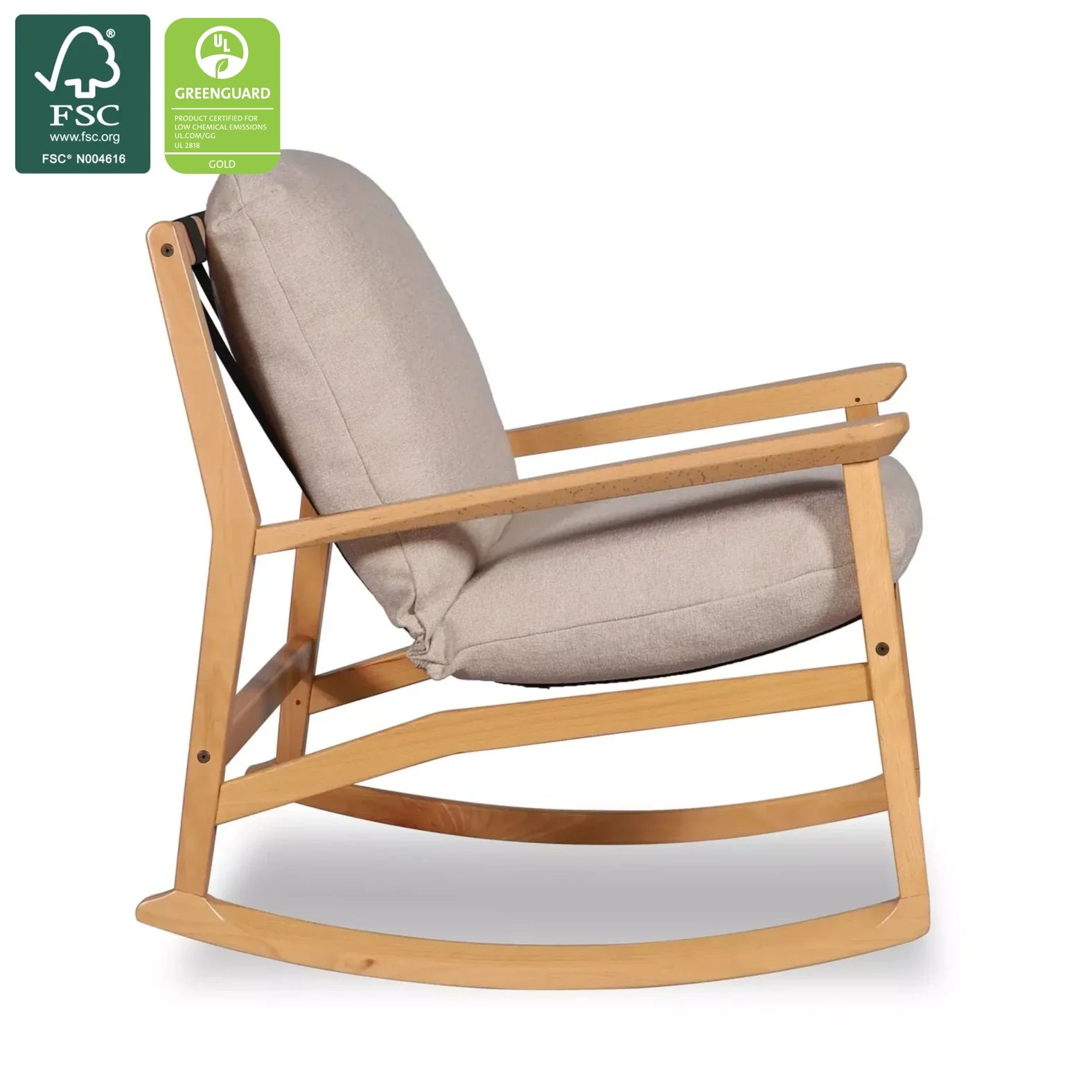 Mid Century Rocking Chair in Beige with Beechwood frame, FSC and GREENGUARD Gold certified