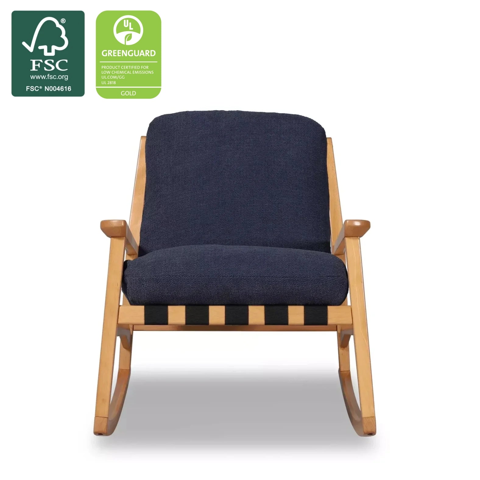 Mid Century Rocking Chair in Indigo Blue with Beechwood frame, FSC and GREENGUARD Gold certified