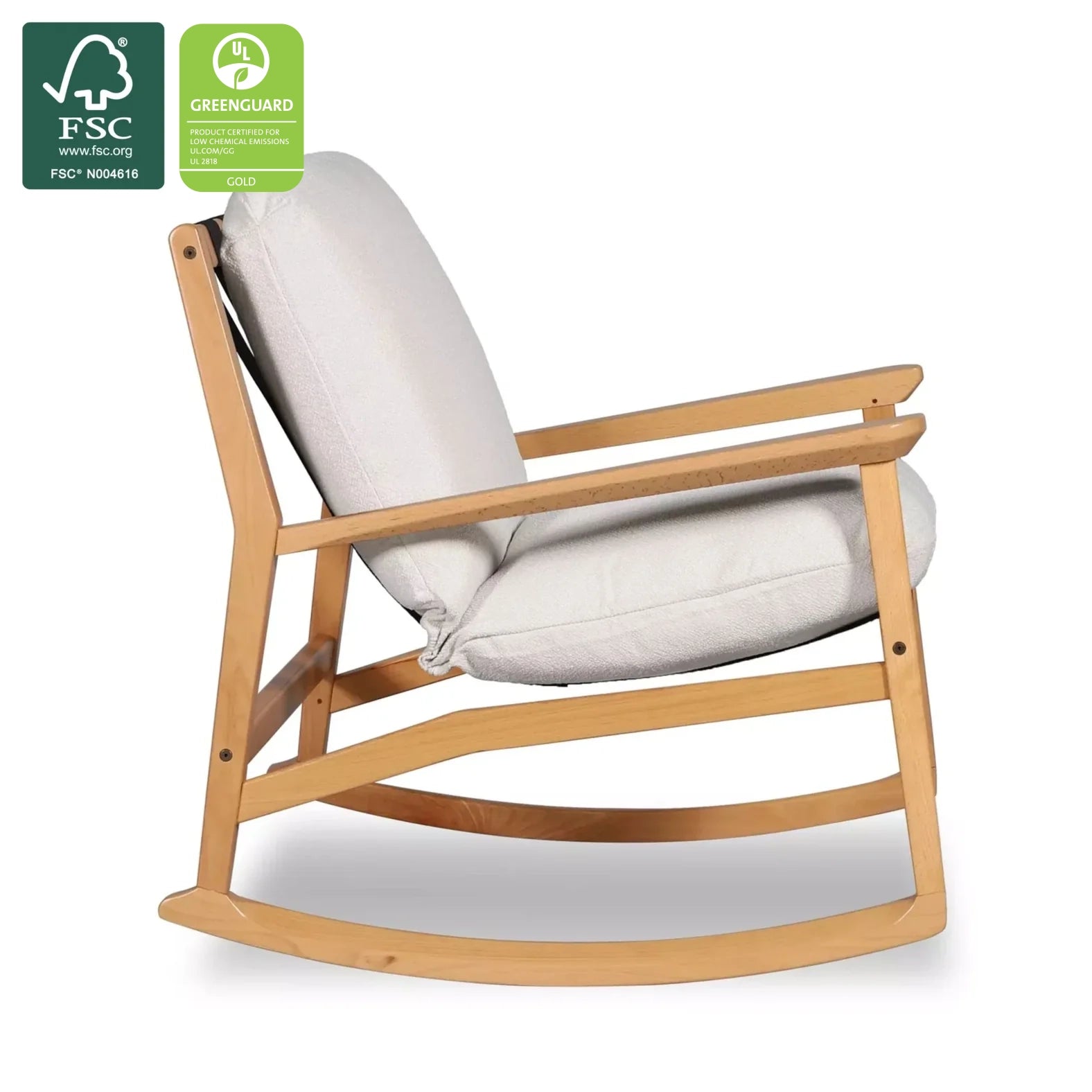 Mid Century Rocking Chair in Off-White Performance Boucle with Beechwood frame, FSC and GREENGUARD Gold certified