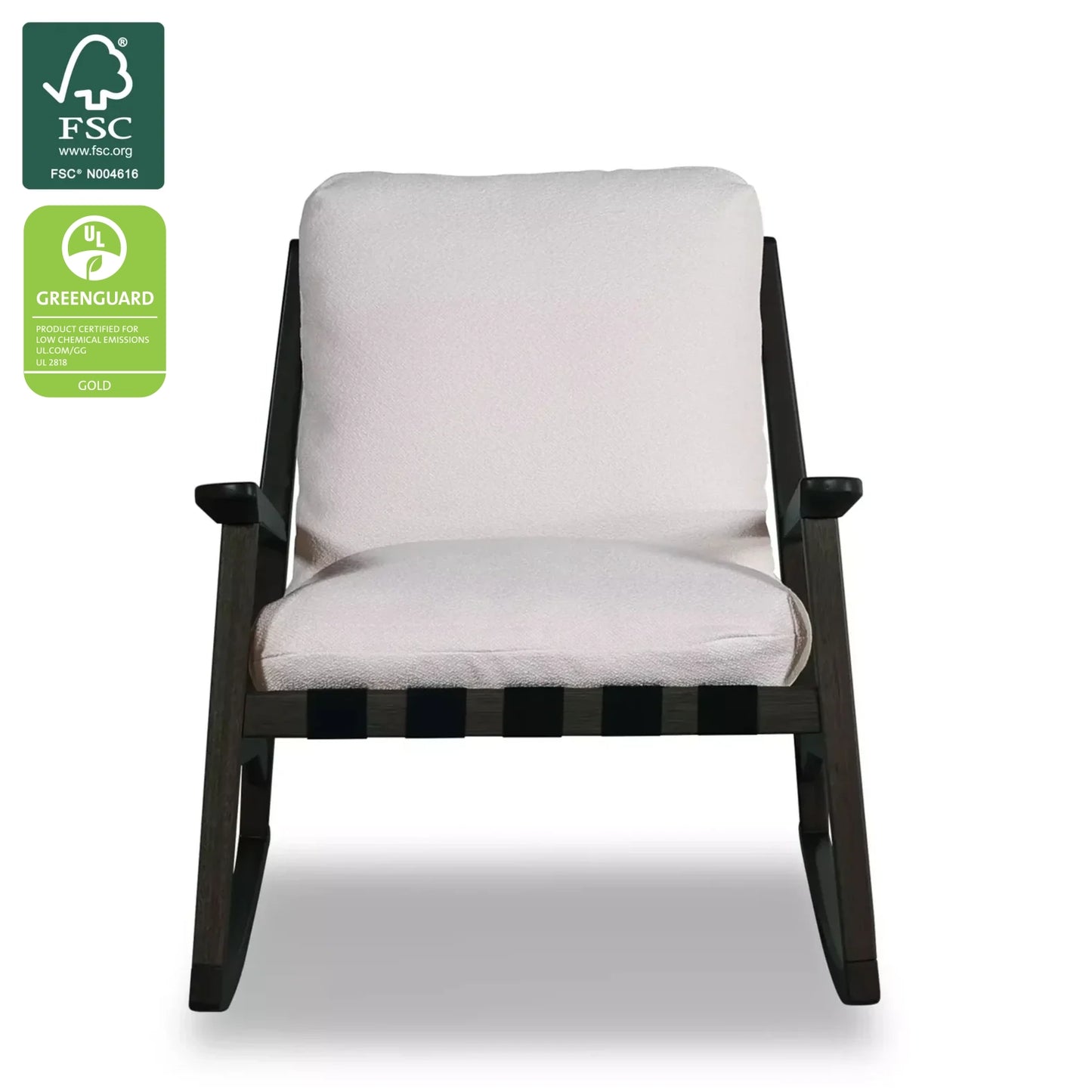 Mid Century Rocking Chair in Off-White Performance Boucle with Charcoal frame, FSC and GREENGUARD Gold certified