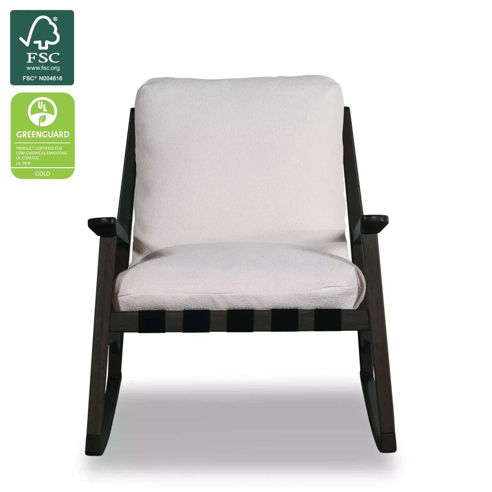 Mid Century Rocking Chair in Off-White Performance Boucle with Charcoal frame, FSC and GREENGUARD Gold certified