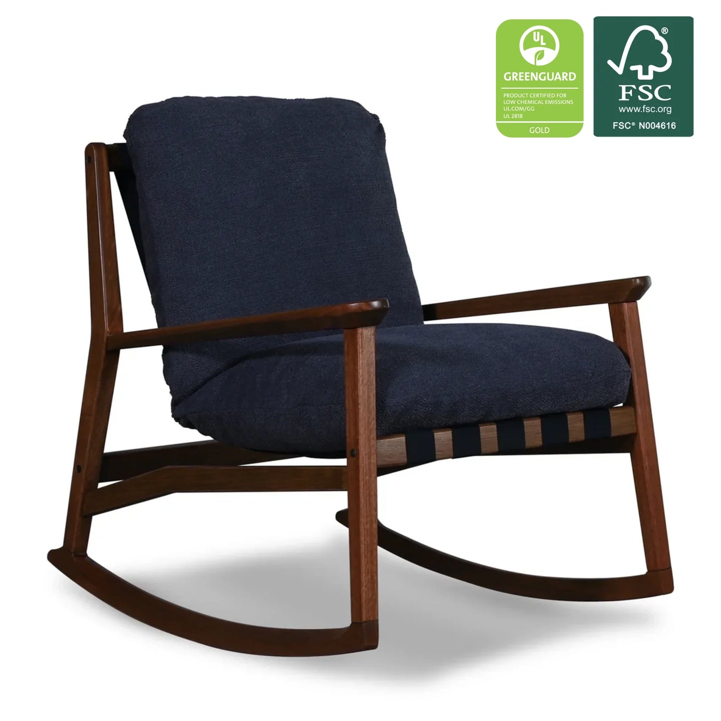 Mid Century Rocking Chair in Indigo Blue with Brushed Walnut frame, FSC and GREENGUARD Gold certified