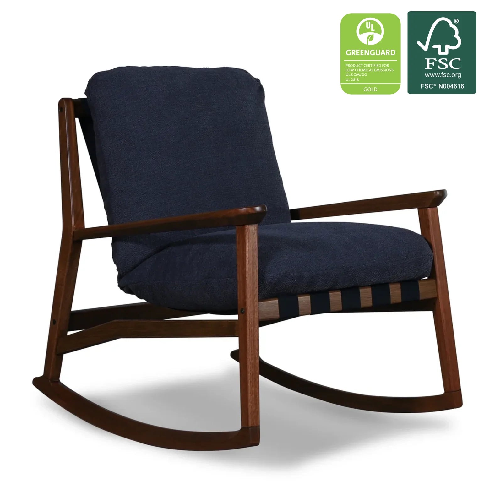 Mid Century Rocking Chair in Indigo Blue with Brushed Walnut frame, FSC and GREENGUARD Gold certified