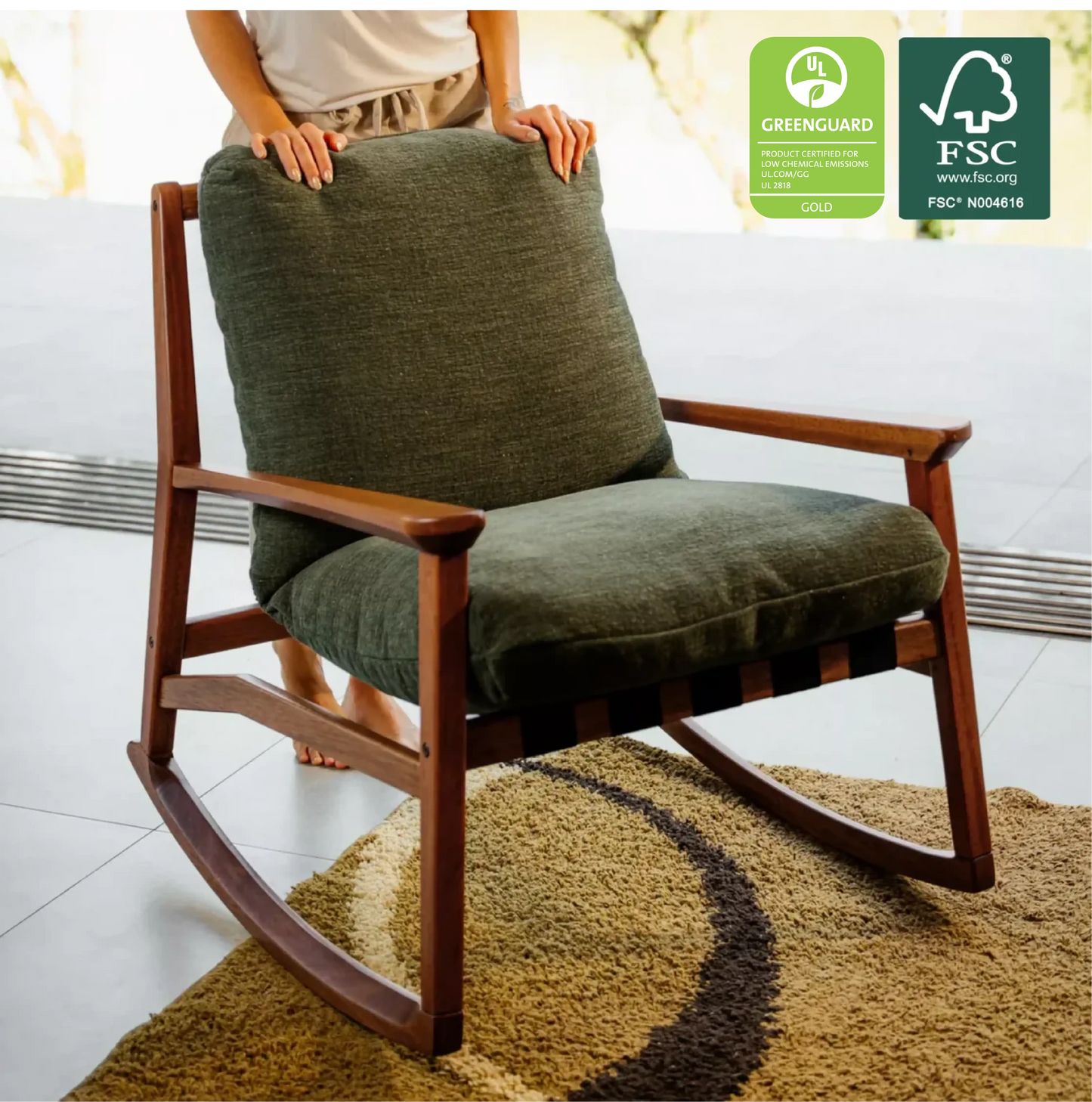 Mid Century Rocking Chair in Moss Green with Brushed Walnut frame, FSC and GREENGUARD Gold certified