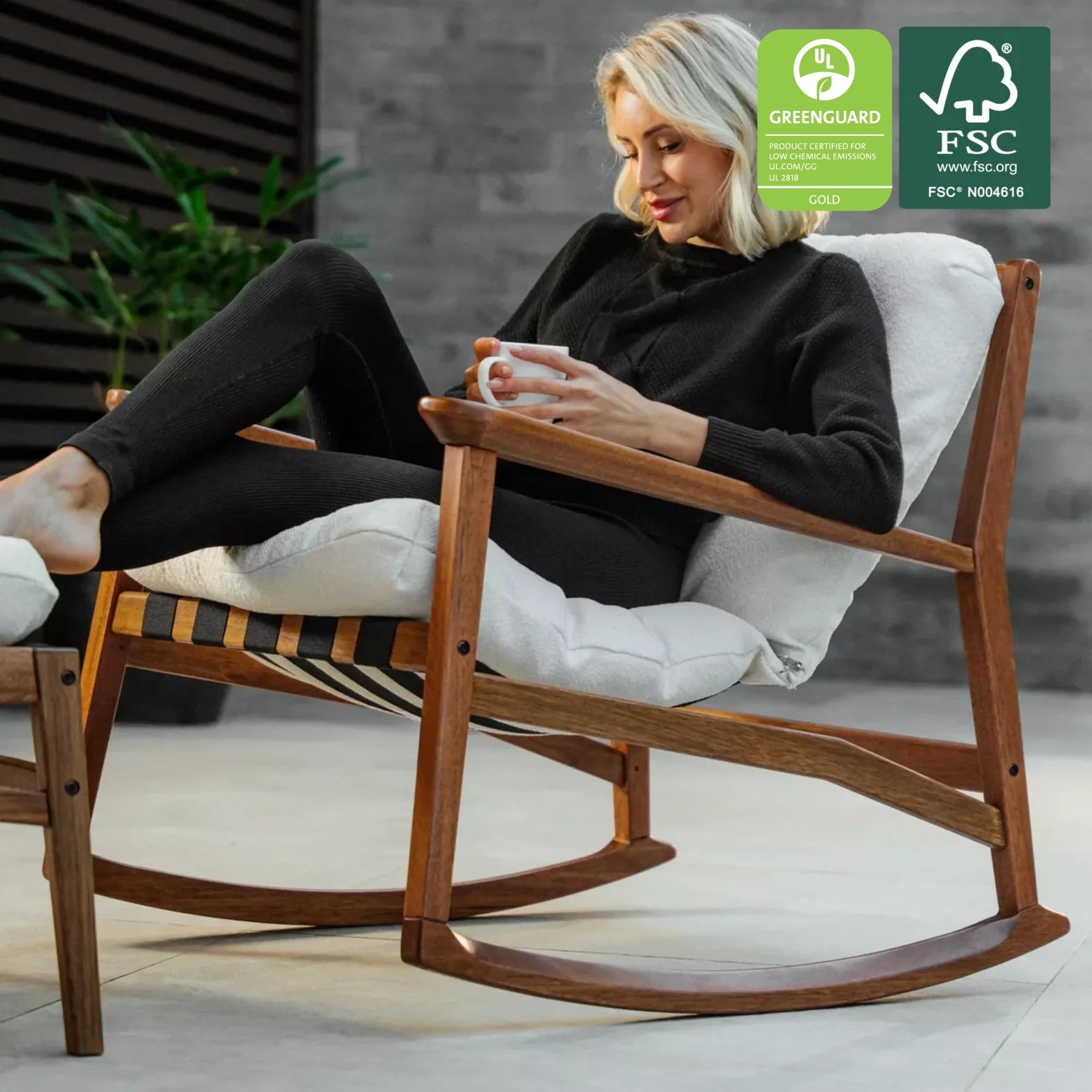 Mid Century Rocking Chair in Off-White Performance Boucle with Brushed Walnut frame, FSC and GREENGUARD Gold certified