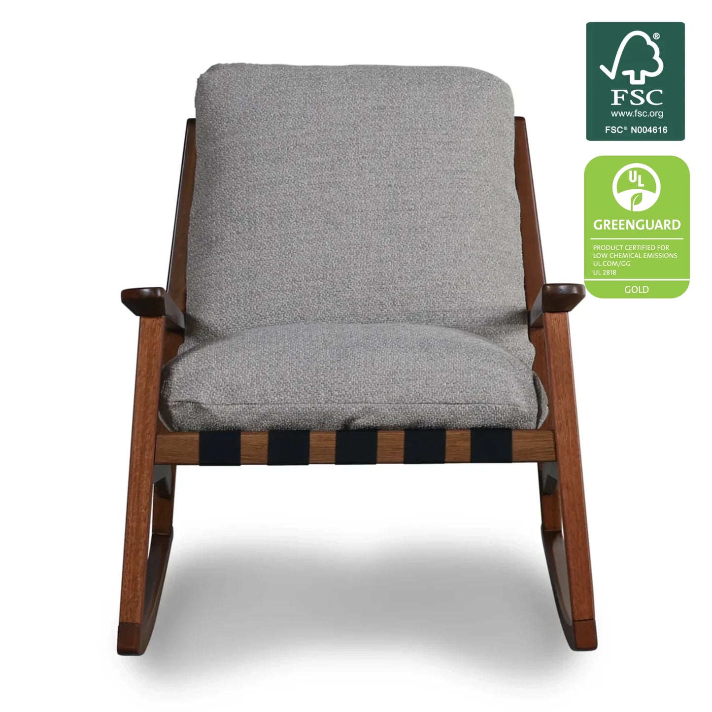 Mid Century Rocking Chair in Stone Gray with Brushed Walnut frame, FSC and GREENGUARD Gold certified