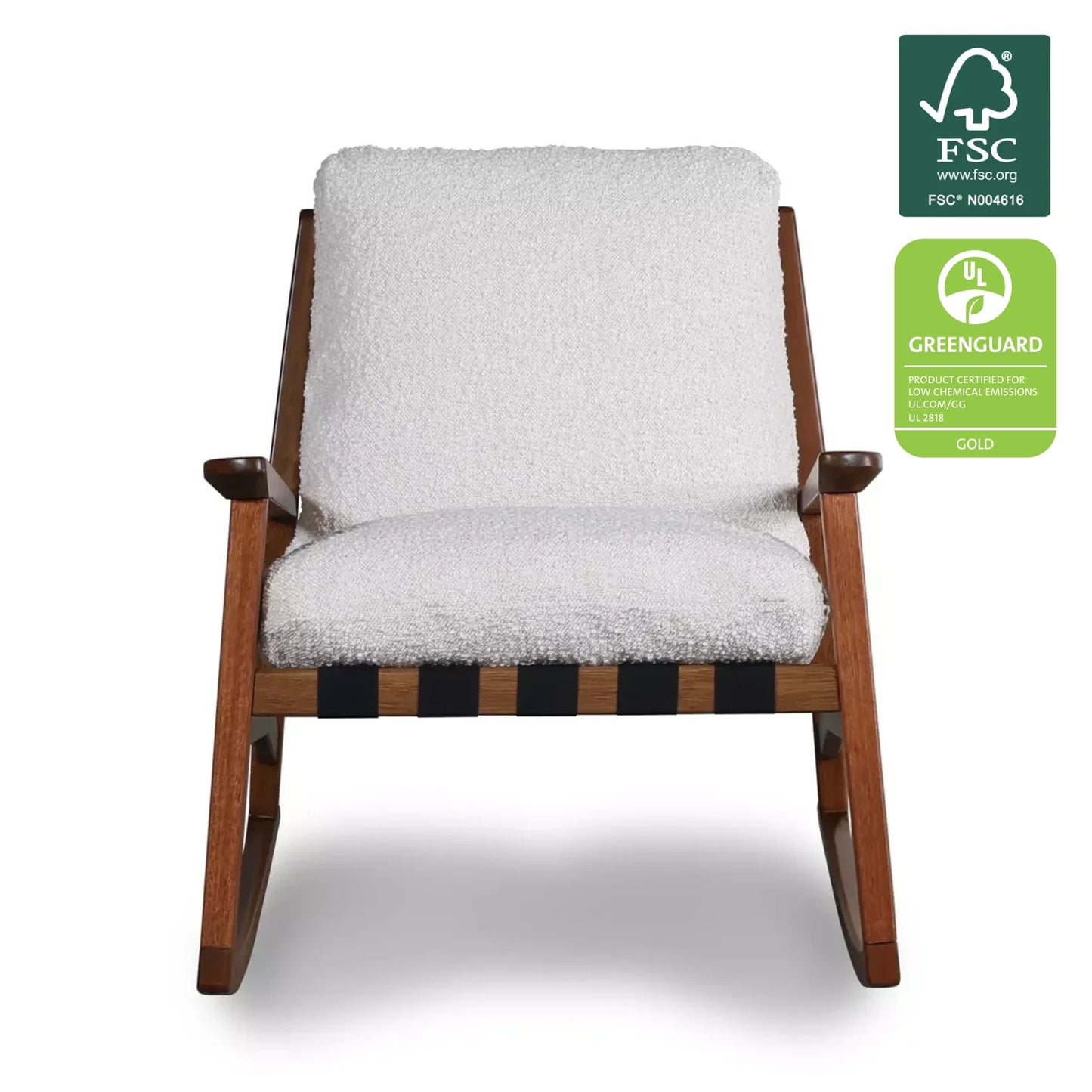 Mid Century Rocking Chair in Tapioca Premium Boucle with Brushed Walnut frame, FSC and GREENGUARD Gold certified