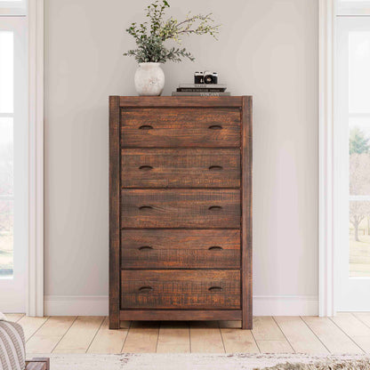 Grain Wood Furniture Montauk 5-Drawer Solid Wood Chest - Rustic Walnut Grain Wood Furniture Montauk 5-Drawer Solid Wood Chest - Rustic Walnut