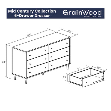 Mid Century Solid Wood 6-Drawer Dresser Brushed Natural Mid Century Solid Wood 6-Drawer Dresser Brushed Natural