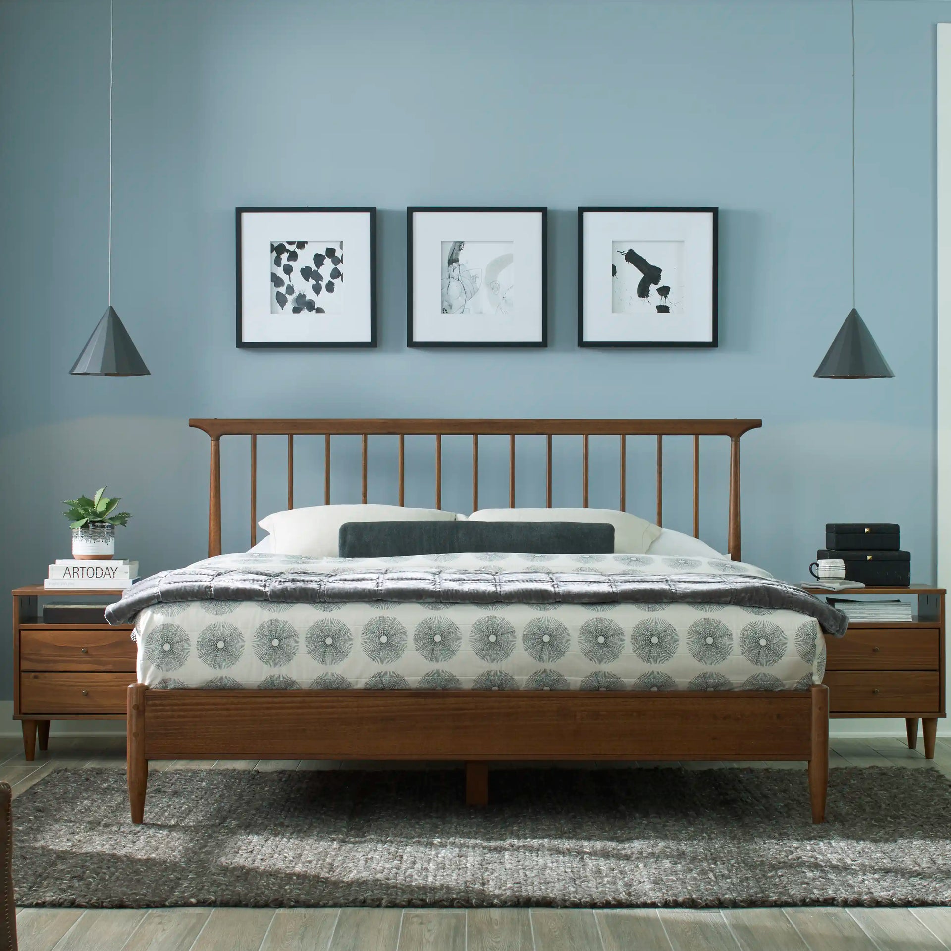 Grain Wood Furniture - Mid Century Spindle Bed - Brushed Walnut / Queen